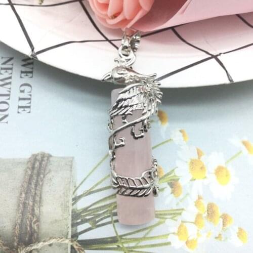 Silver Plated Chinese Phoenix Wrap Cylinder Rose Pink Quartz Pendant Malachite Stone Classic Style Jewelry