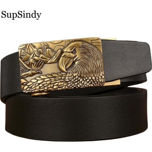 SupSindy Black genuine leather mans belt Eagle metal Automatic buckle Cowhide Leather Belts for men jeans waistband male strap