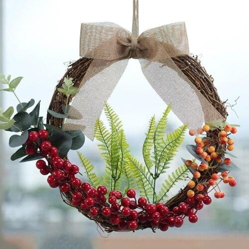 Christmas Artificial Red Berry Wreath Green Leaf Lattice Bow Half-covered Hanging Flower Ring Day Decoration