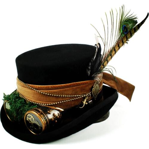 15CM Top Hat Wool Women Men Top Fedora Hat Magician Steampunk With Handmade Gear Glasses Cosplay Punk Party Caps
