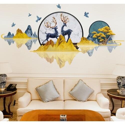 [shijuekongjian] Nordic Style Mountains Trees Wall Sticker DIY Deers Birds Animals Mural Decals for Living Room Home Decoration