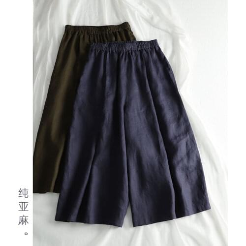 Loose 8 / 9-point skirt pants, pure linen, Japanese style simple literature and art 2020 summer wide womens long hemp pants