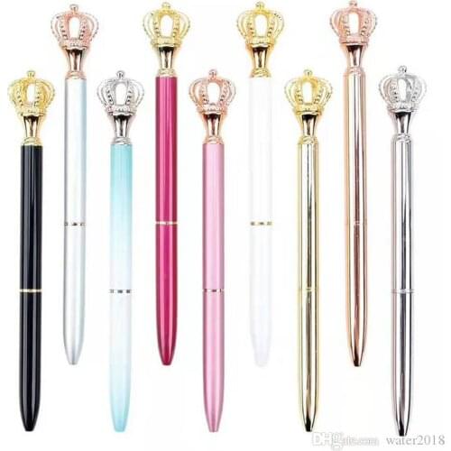 Imperial Crown Adornment Crystal Pen Gem Ballpoint Pen Ring Wedding Office Metal Ring Roller Ball Pen Rose Gold Silver Pink Free