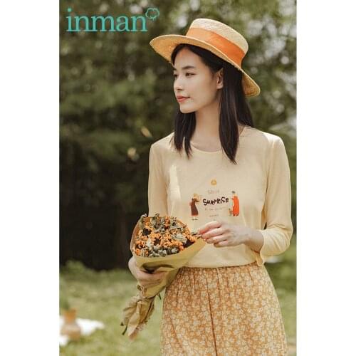INMAN Autumn Round Collar Print and Embroidery Sweet Cute Instresting Pattern Bracelet Length Sleeve Women Girl Cotton T-Shirt