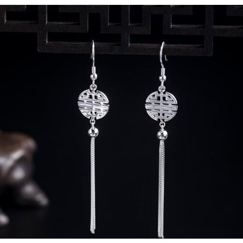 VLA Real 925 Silver Chinese Letter Tassel Earrings Womens Retro Simple Hanging Earrings 2021 Trend Jewelry Accessories