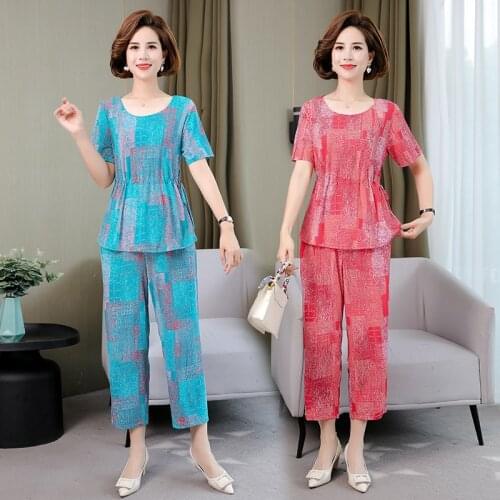 Large Size Women 2 piece Set New Loose Print Short-sleeved T-shirt Tops + Pants Middle-aged Mother Summer Suit Plus Size 5XL