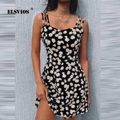 Summer Sexy Sling Floral Printed Women Slim A-line Dress Fashion Casual Pullover Sleeveless Short Dresses Elegant Party Vestidos