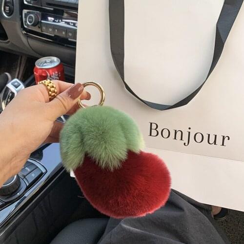 12cm Real Rex Rabbit Fur Keychain Pompom Ball Cute little eggplant Fluffy Rabbit Fur Keyring Handbag Car Pendant Metal Ring Gift