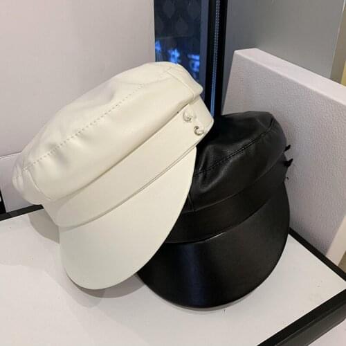 2021 New Fashion Faux Leather Military Hat for Femme Cap Visor Winter Hat Cool Flat Top Women Cap Captain Cap Travel Cadet Hats