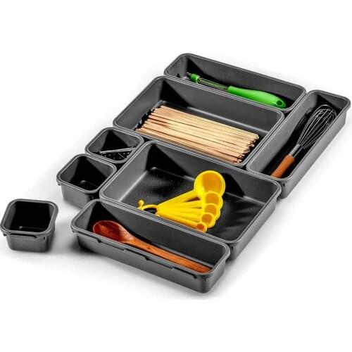 8pcs Drawer Organizer Tray Separators Storage Bins Container for Kitchen Bathroom Makeup Office Bedroom Dresser(Gray)