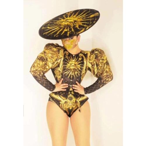 Big hats wear Sun golddess stage show costume women dj singer dancer party show bodysuit