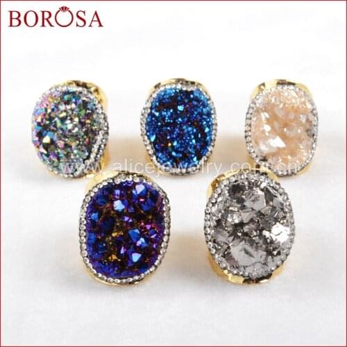 BOROSA Design 5PCS New Gold Color Rainbow Agates Druzy Titanium Drusy Quartz Ring Paved Zircon Jewelry For Women JAB255