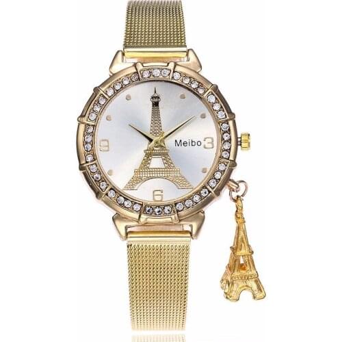 Vogue Women Rose Gold Eiffel Tower Pattern Watch Pretty Ladies Stainless Steel Tower Pendant Quartz womens watches top Nice