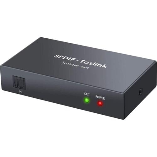 Digital Optical Audio 1X4 Splitter Digital SPDIF Toslink Optical Fiber Audio Splitter 1 In 4 Out Aluminum Alloy(US Plug)