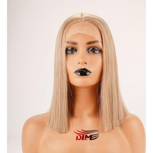 DLME Brown Blonde Synthetic Lace Front Wig Bob Straight Wig For Women Heat Resistant Hair With Natural Hairline Cosplay Wigs