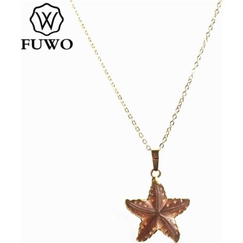 FUWO Natural Seashell Star Shape Necklace with Gold Trimmed Hand Carved Starfish Pendant Necklace For Women Gift NC526