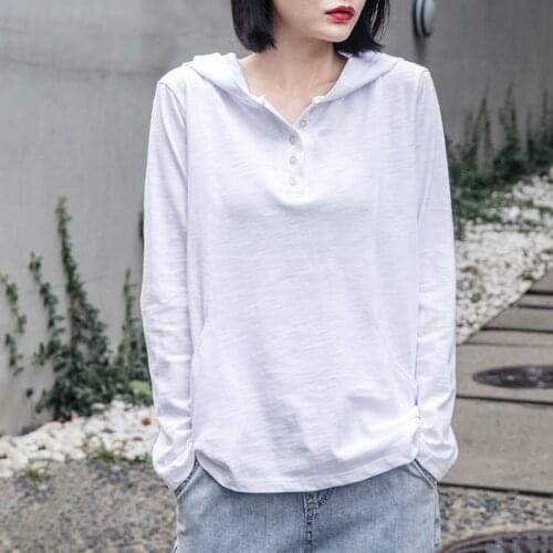 Cotton 100% Hooded White Women T-Shirts Summer New 2021 Long-Sleeved Casual Female Pulls Outwear Tops Tees