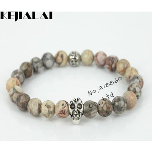 KEJIALAI 1pcs New Natural 8mm Medical Stone Beads Charm Women Bracelet Fashion Silver Color Skull Head Mens Bracelet A0434