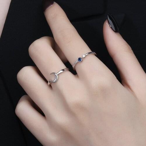 A Girl' Simple Style Blue Zircon Moon Star Ring Luxury Adjustable Finger Ring For Women Friends Teen Girl Fashion Jewelry Gift