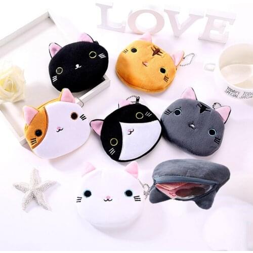 Womens Coin Purse Soft Plush Cat Animal Zipper Coin Holder Pouch Children Girl Coin Key Money Card USB Cable Headset Bag Wallet