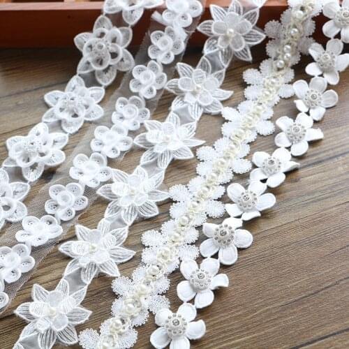5CM 1 yards Pearl Flower Leaf Handmade Beaded Embroidered Lace Trim Ribbon Applique Wedding DIY Garment Sewing Accessories