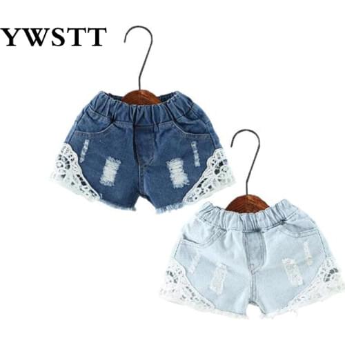 Summer new Korean girls lace hole jeans shorts Cowboy Kids Girls Cute Shorts Jeans Short Lace Pocket Denim Shorts children 2-12Y