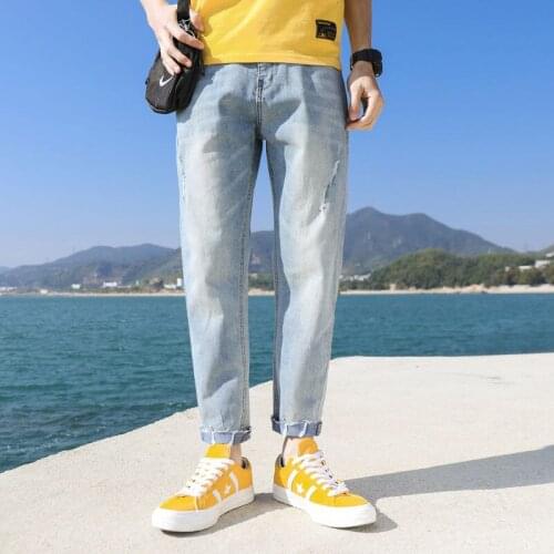 Summer Light-colored Baggy Jeans With Ripped Loose Nine-point Pants Mens Thin Straight Harem Pants Washed Blue Denim Trousers