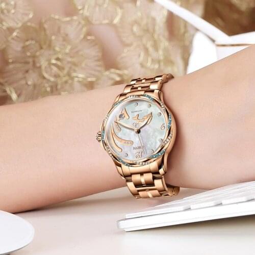 LOBINNI 2021 Top Brand Luxury Women Automatic Mechanical Watch Rose Gold Case Diamond Dial Bracelet Ladies Watches Date Clock