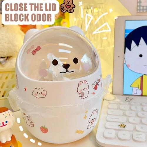 W&G Kawaii Desktop Trash Can with Cover Pudding Dog Table Organizer Cute Creative Table Bin Cartoon Mini Sundries Storage Bin