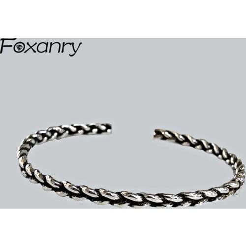 Foxanry 925 Sterling Silver Fashion Bracelets for Women Couples Vintage Thai Silver Handmade Weaving Birthday Party Jewelry Gift