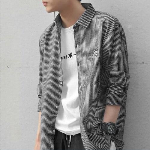 Spring and Autumn Long-sleeved Striped Shirt Mens Korean Loose Mens Shirts Thin Lovers' Coats Mens