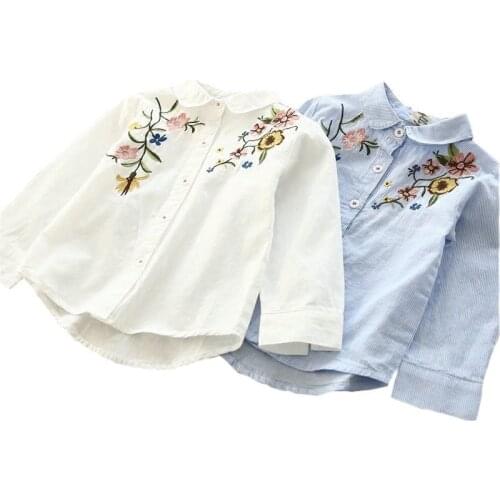 2021 Spring and Autumn Childrens Clothing New Korean Girls Long Sleeve Button Lapel Shirts Kids Flower Embroidered Blouses 3-8T