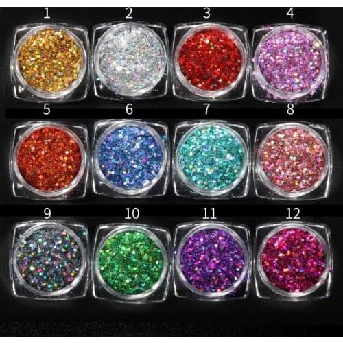 12Box/set Mix Size Acrylic Nail Glitter Powder Hexagons Sparkly Sequins Paillette Holographic Mica Powder Pigment Nail Art Decor