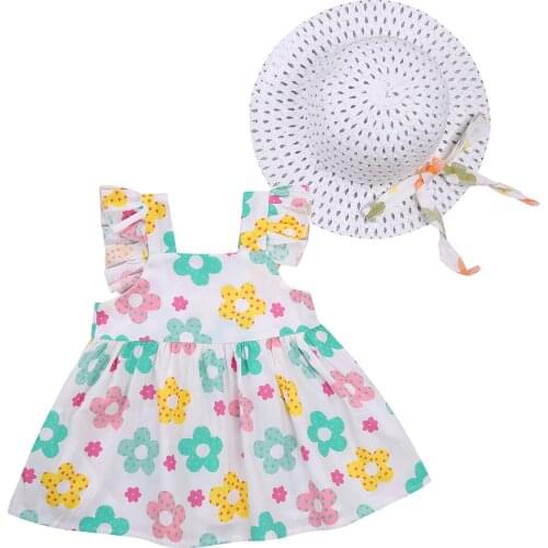 Citgeett Summer Kids Baby Girls Dress Cap Flower Print Square Neck Fly Sleeve + Hat Clothes 0-3 Years