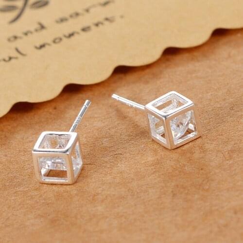 Real 100% 925 Sterling Silver Square Zircon Stud Earrings for Women Girls Fashion sterling-silver-jewelry brincos brinco