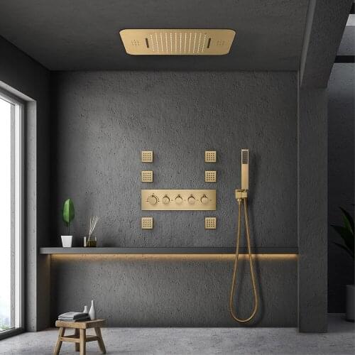 Luxury Villas Brushed Gold Shower Head Set Thermostatic Shower System Brass Bathroom Faucet Msaage Music Speaker Showers Panel