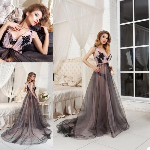 Deep V Neck Sexy Night Robe See Through Beaded Sleepwear Party Dress Sweep Train Nightgowns Robes