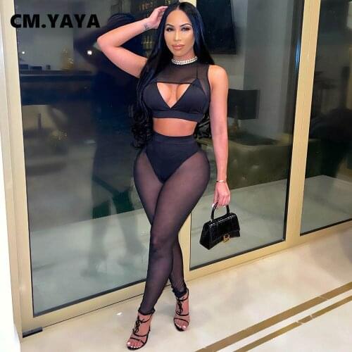CM.YAYA Women Set Solid Mesh Sleeveless Hollow Out Crop Tops Pencil Pants Two 2 Piece Sets Sexy Fashion Outfit Summer Streetwear