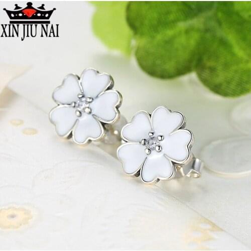 Wedding Primrose Clover Flower Stud Earrings White Enamel Compatible with with Cubic Zirconia Fashion lady wind petal earrings