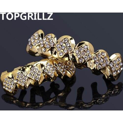 TOPGRILLZ Hip Hop Teeth Grillz New Iced Out Crystal Top & Bottom Gold Teeth Grills Set Halloween Christmas Gift