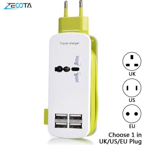 Portable Power Strip Universal Wall Socket Outlets US/UK/EU/AU Plug 4 Port USB Travel Charger Adapter with 1.2m Extension Cord