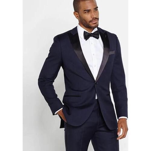 High Quality One Button Navy Blue Groom Tuxedos Peak Lapel Groomsmen Men Blazers Suits (Jacket+Pants+Tie) NO:450