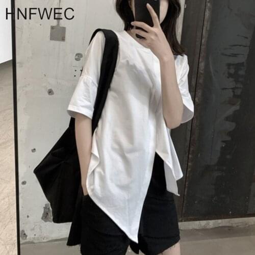 Women Black Loose Fit Irregular Brief Split T-shirt New Round Neck Half Sleeve Fashion Tide Spring Autumn 2020 T381