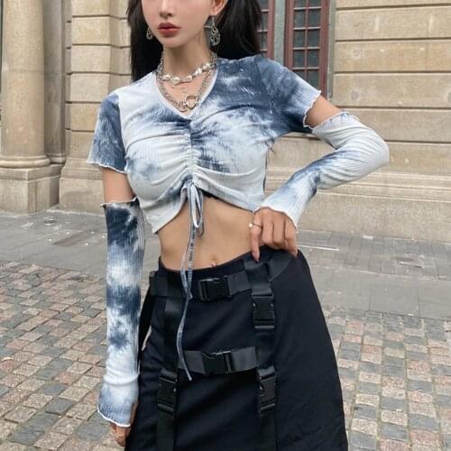 Y2k Tie Dye Drawstring T Shirt Women Cold Shoulder Cropped Long Sleeve Party Crop Tops Tees Streetwear E Girl 90s Aesthetic Tops