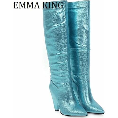 Women Knee-High Boots Spike Heels Fold Boots Sexy Pointed Toe Womens Boots Shiny Leather Wedding Party Shoes Botas De Mujer