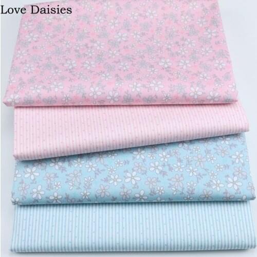 100%Cotton Twill Pastoral PINK Blue Small White Gray Flowers Floral Stripe Dot Fabric DIY for Kid Sheet Dress Blouse Decor Craft