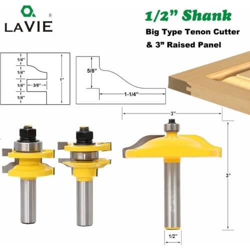 3PCS 12MM 1/2" Shank Large Rail & Stile Ogee Blade Cutter 3" Panel Cabinet Router Bit Set Door Tenon Knife for Wood Tools