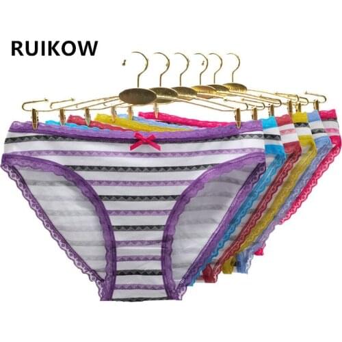 6-PCS Mix Color Womens Sexy Panties Ultra-thin Stripes Underwear Low Waist Lace Ruffles Briefs Lingerie Young Girl Thongs Under