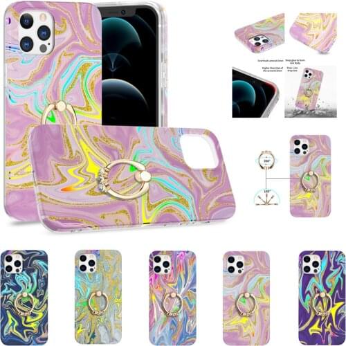 Laser Marble Pattern Phone Case for iPhone 12 Mini 11 Pro Max XS XR X 7 8 Plus SE 2020 Coque Finger Ring Stand Shockproof Cover