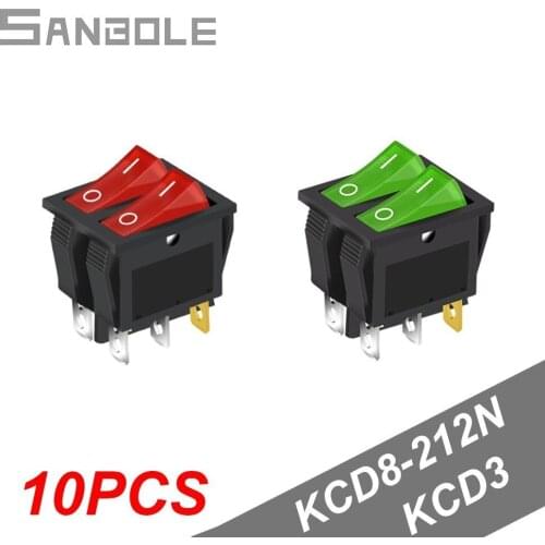 Rocker Switch Electric On-Off KCD3 KCD8-212N (6 Pins 2 Positions) Button Lamp 6P Green/Red suit for Heater Baking Pan (10PCS)
